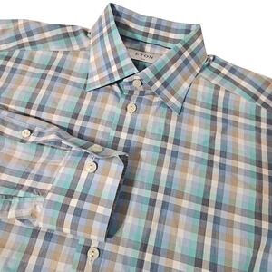 Eton Slim Fit Plaid Dress Shirt Men's Size 16 41 Blue Green Tan Long Sleeve M